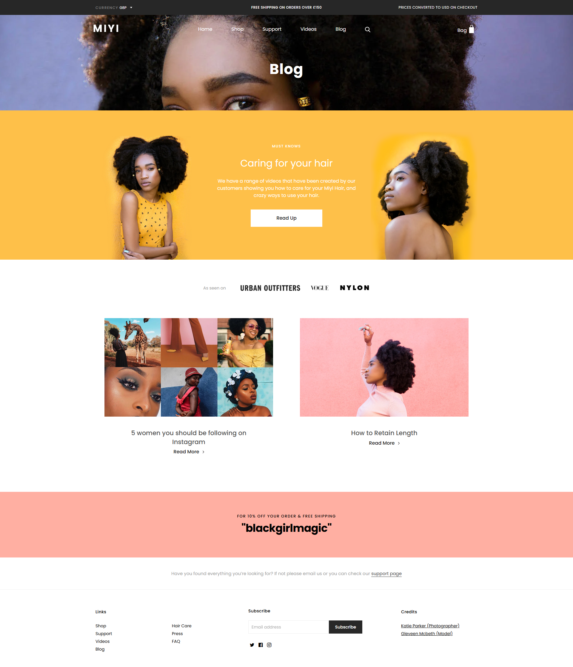 The MIYI Hair blog page, with a hair-care feature panel above a two-column article grid